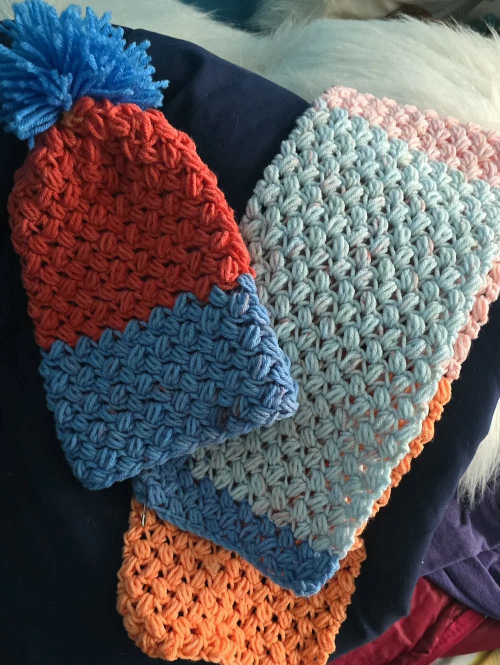 Kids Crochet Beanie and Scarf Set - Blue, Orange, Pink Brand New